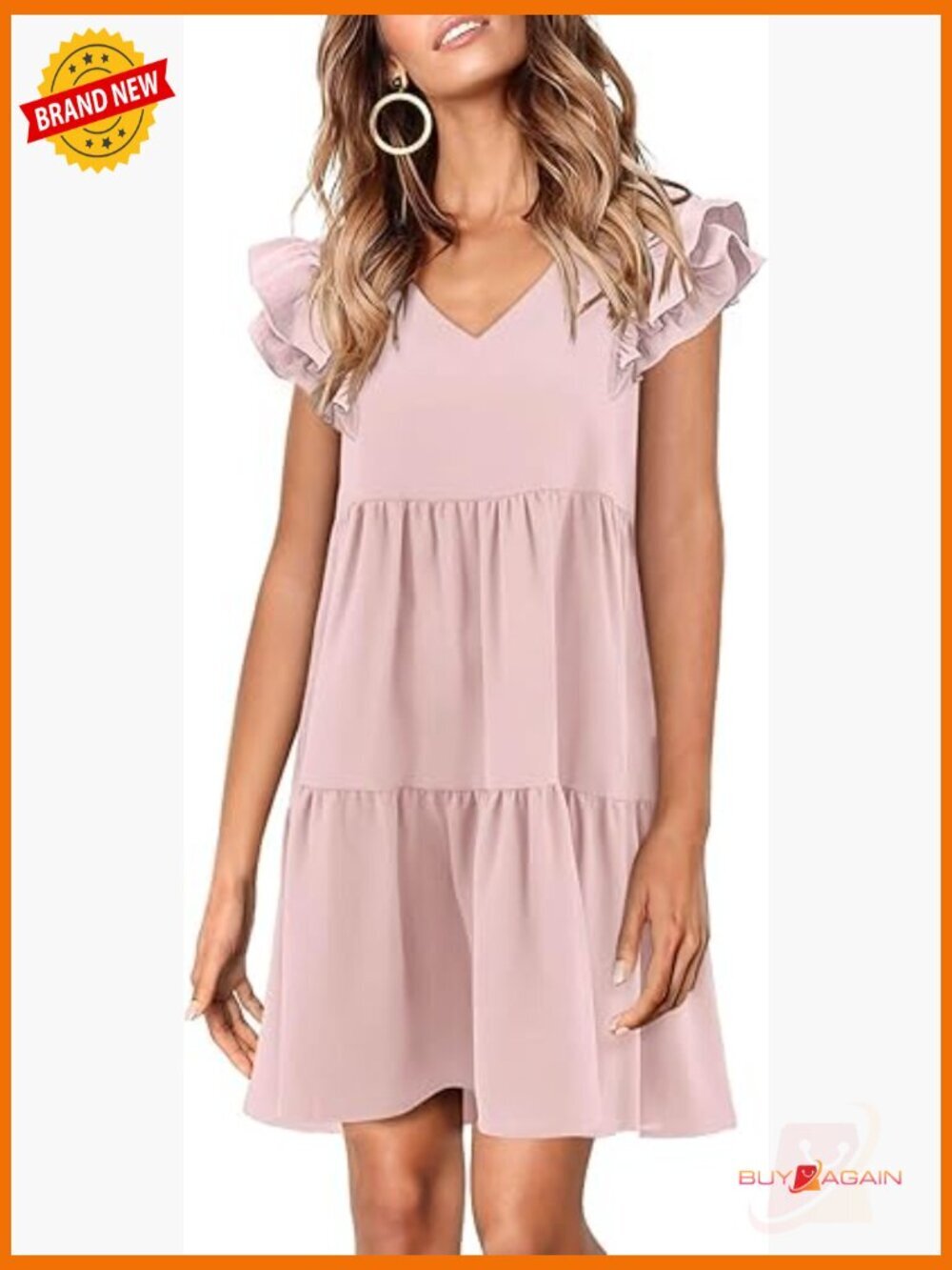 Summer Babydoll Dress with Ruffle Cap Sleeves V-Neck Flowy Swing Mini Dress